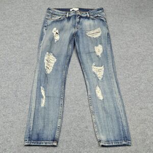 Mango MNG Jeans Nancy Relaxed Cropped Womens 2 Blue Medium Wash Distressed Denim